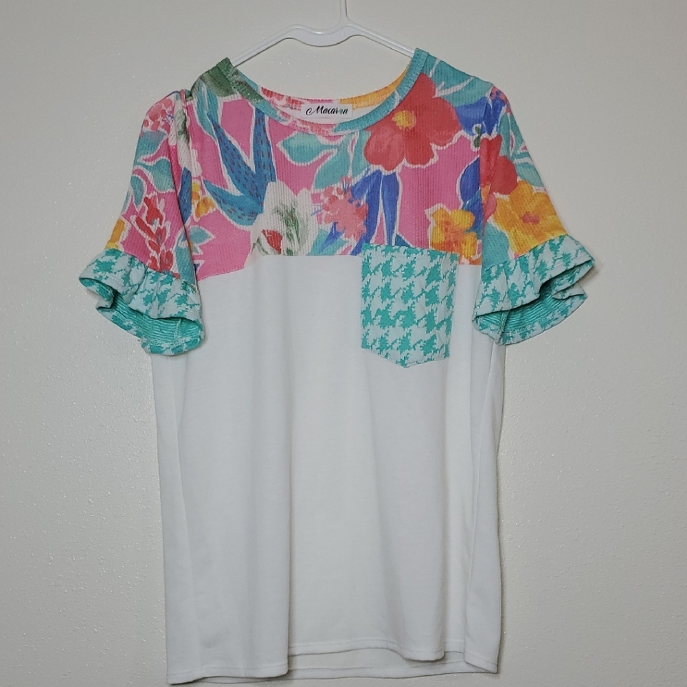 MACARON Floral Patchwork Short Sleeve Top - Pink, Green, Blue & Cream NWOT MED